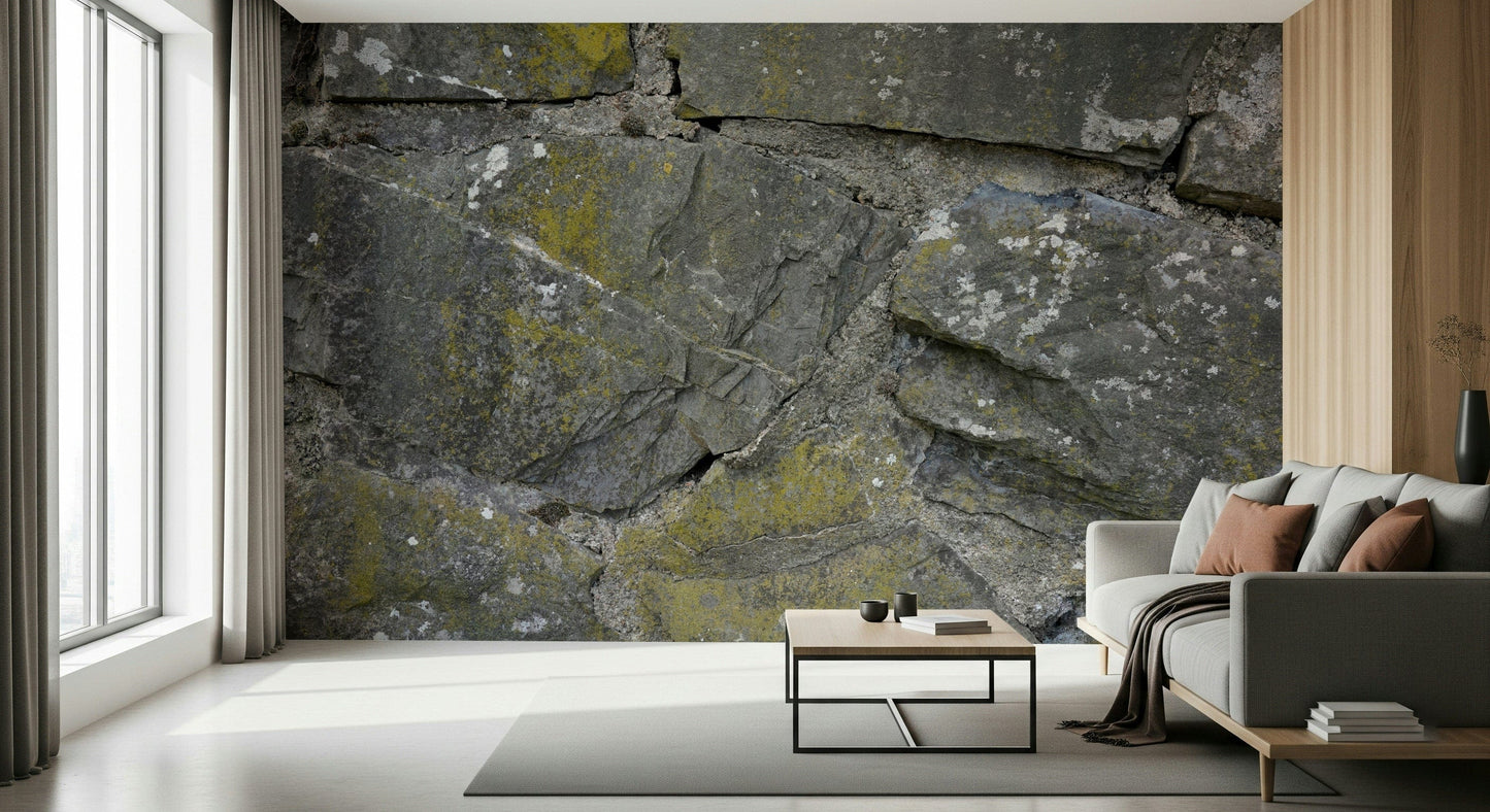 Decorative wall mural combining layered cracked stone textures and neutral tones for stylish interiors.