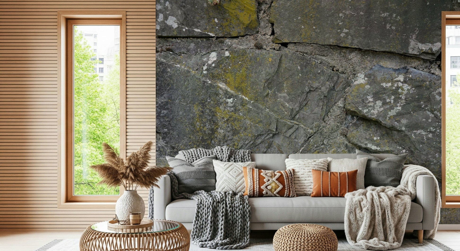 Wall mural showcasing layered stone textures with cracks and fissures for modern, loft, or farmhouse décor.