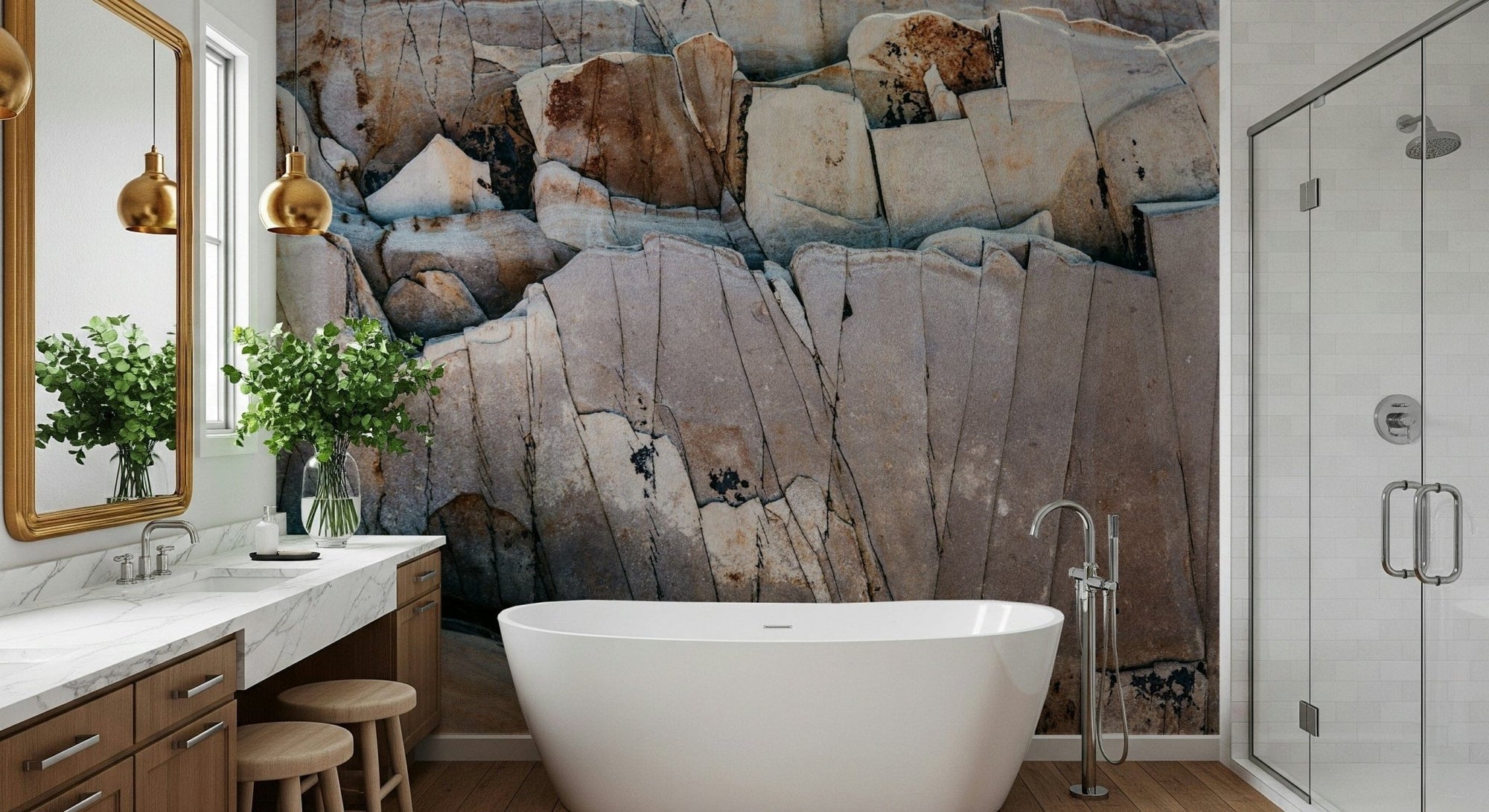 Stone Geometry wallpaper mural of cracked beige and rust rock behind a white freestanding tub in a bright bathroom
