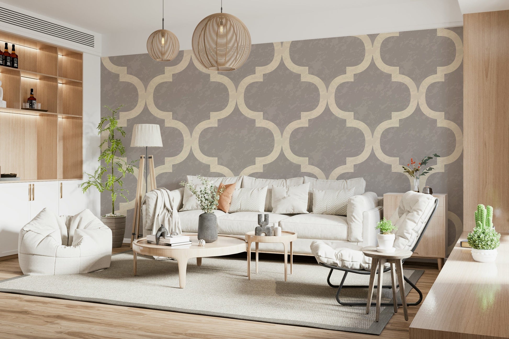 Elegant Moroccan trellis wallpaper in grey and cream tones