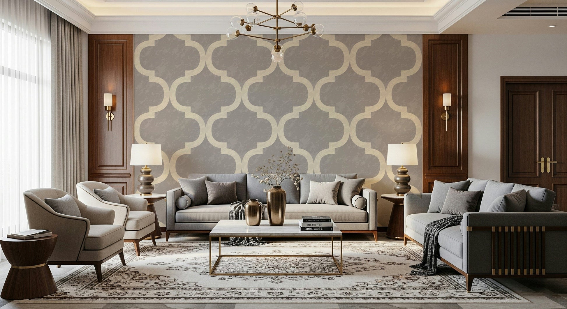 Ivory ogee pattern on textured stone grey background wallpaper