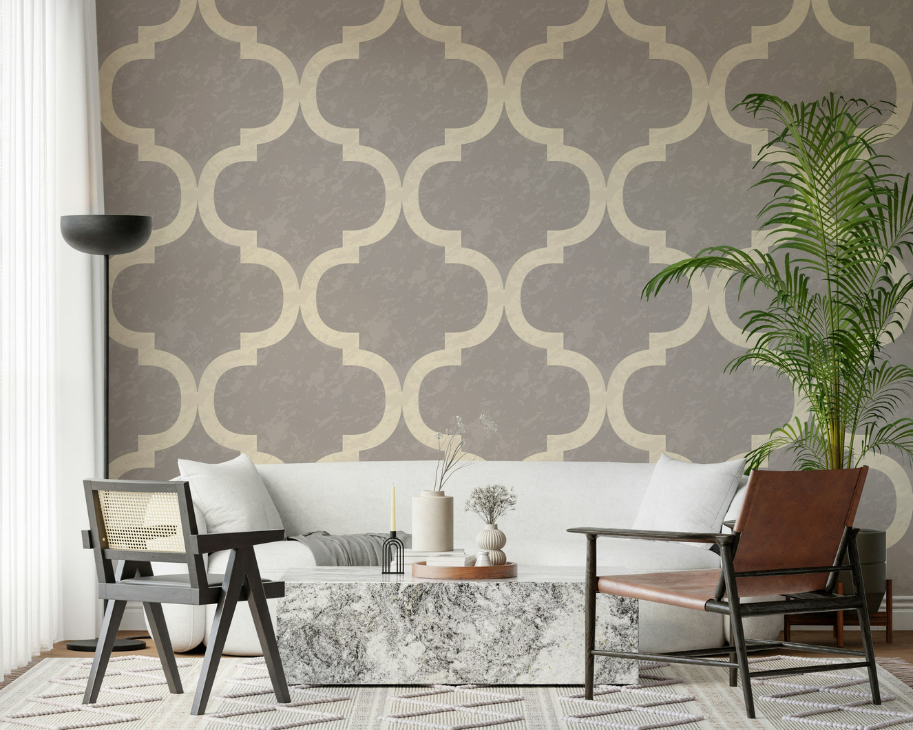 Moroccan ogee wallpaper in stone grey with ivory trellis