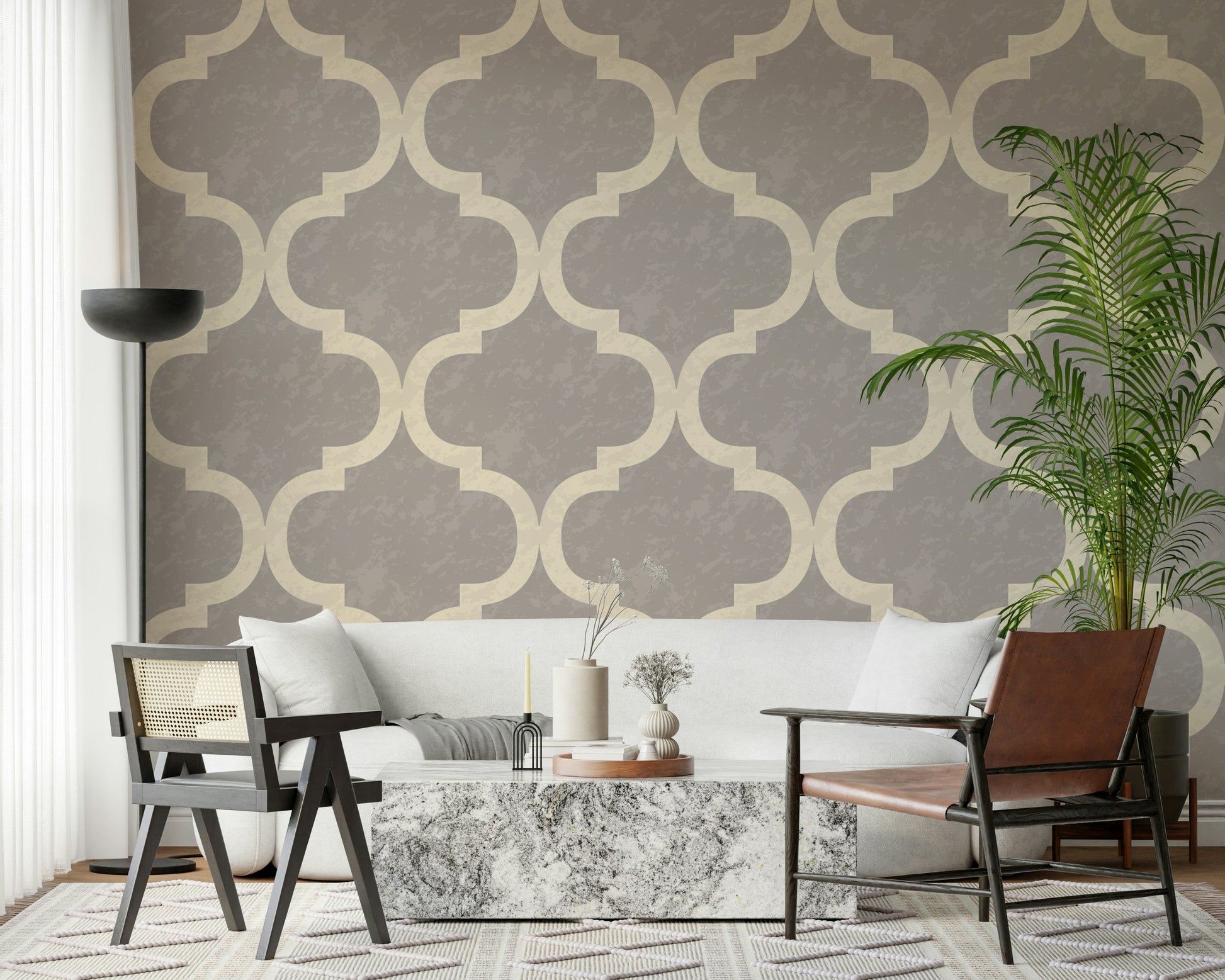 Moroccan ogee wallpaper in stone grey with ivory trellis