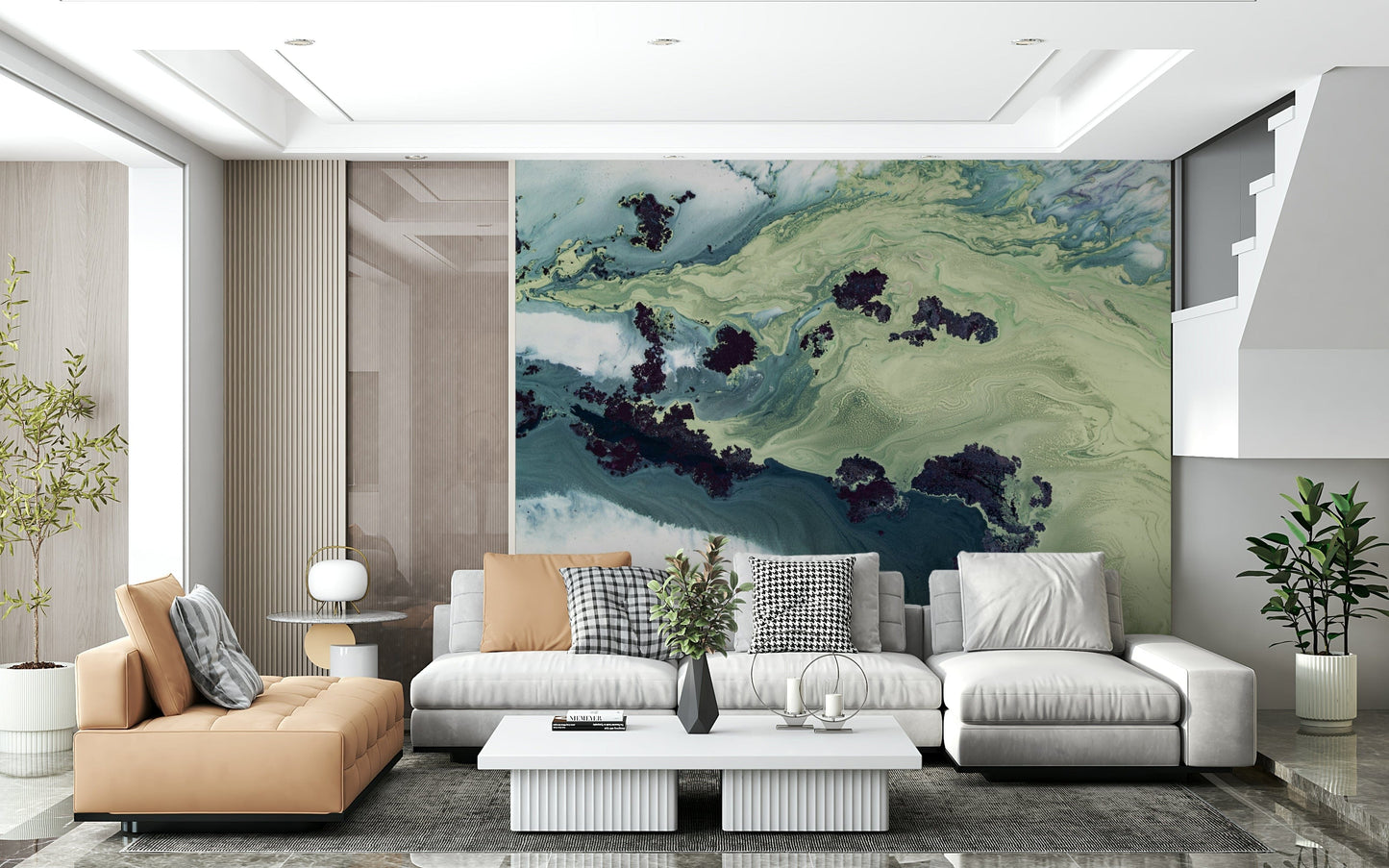 A graceful subtle pattern wall mural in cool, neutral tones.