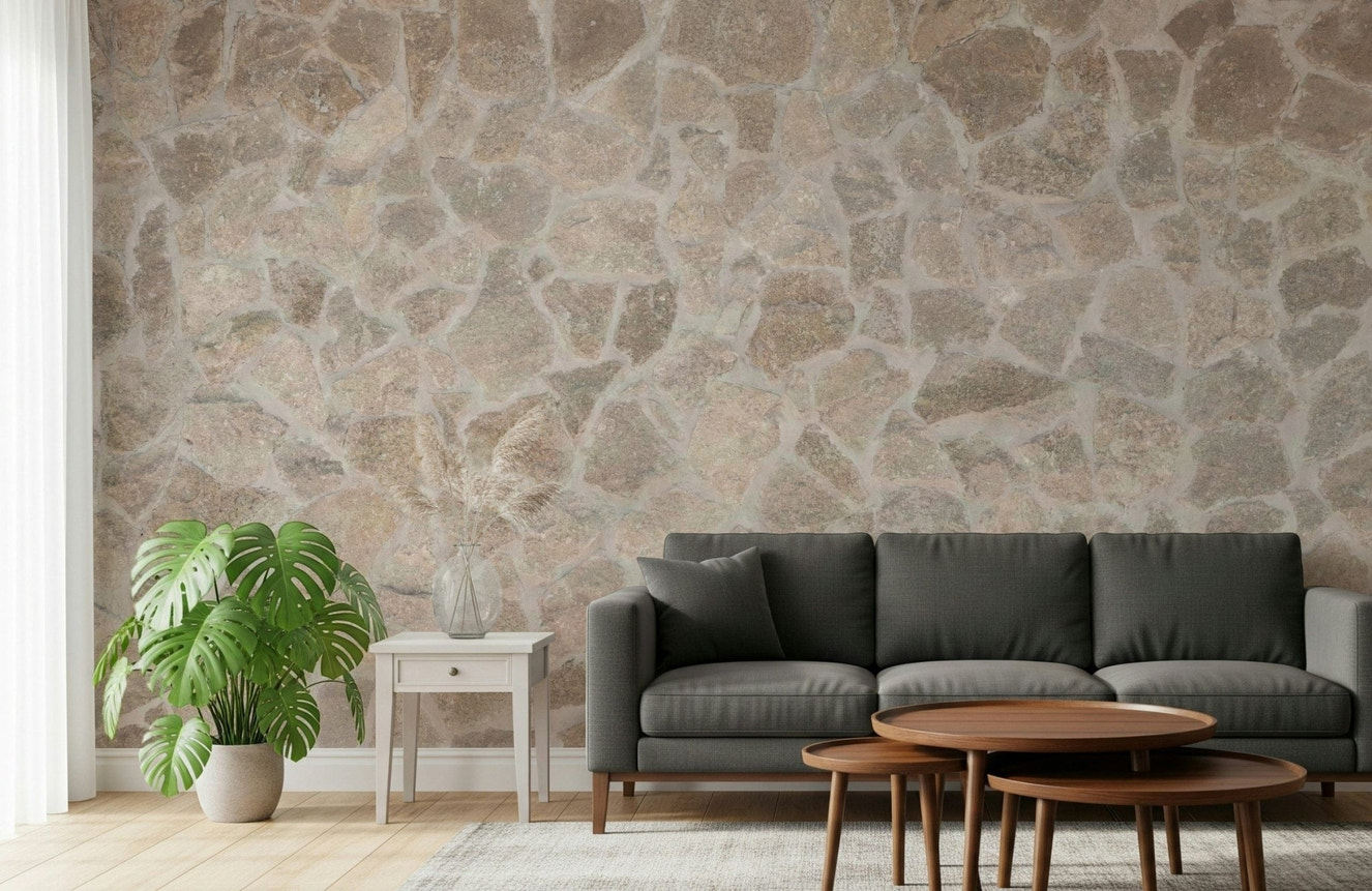 Stone Mosaic Wall Mural featuring intricately arranged natural stones in varied textures and earthy tones.