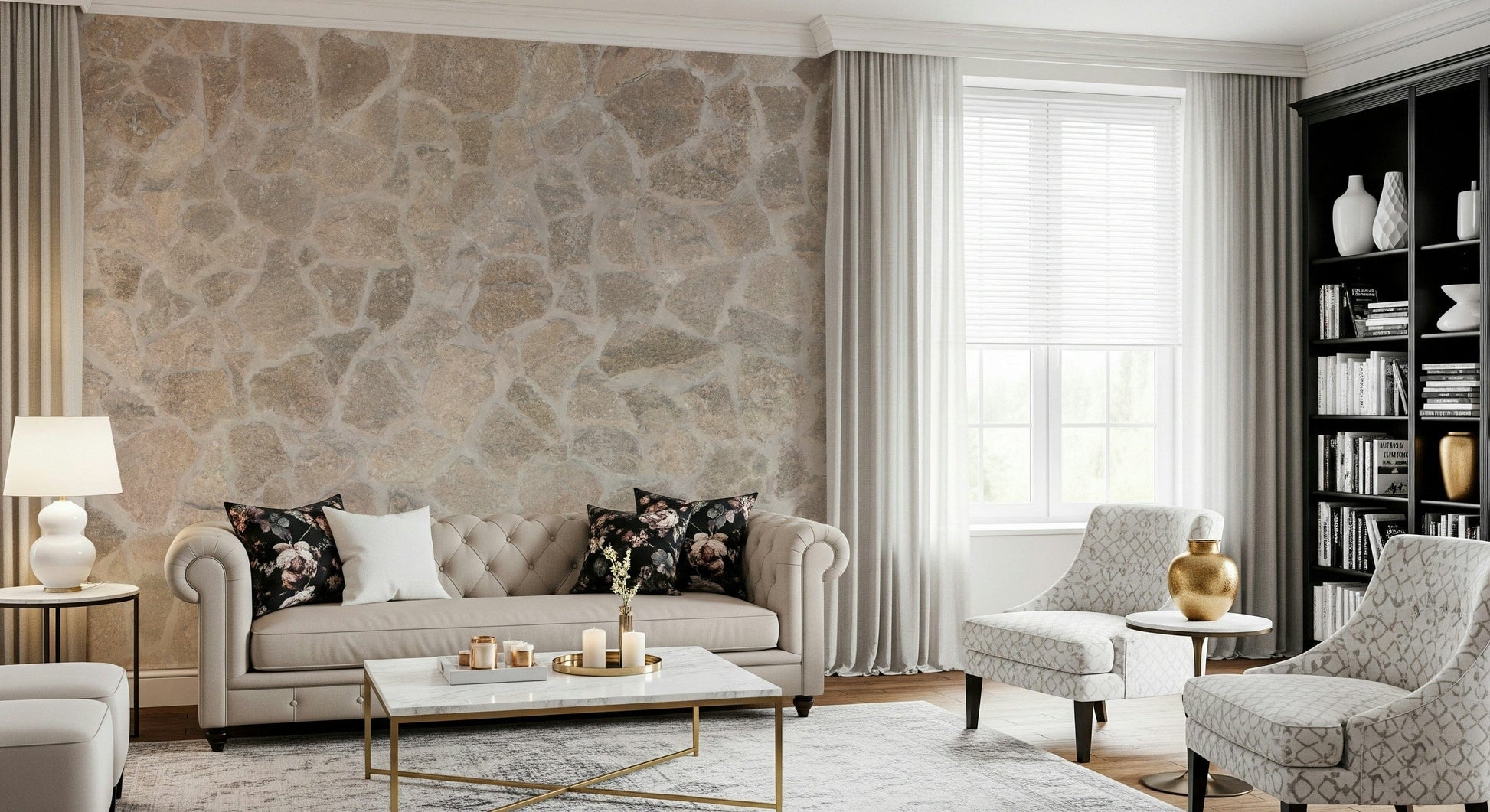 Stone tile mosaic wall mural featuring natural textures and subtle color variations for cozy interiors.