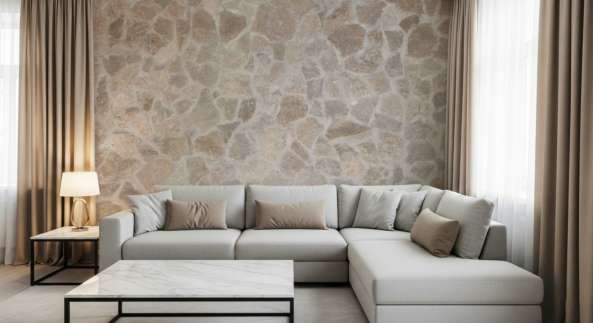 Earth-toned mosaic stone wallpaper mural adding texture and character to living spaces or offices.