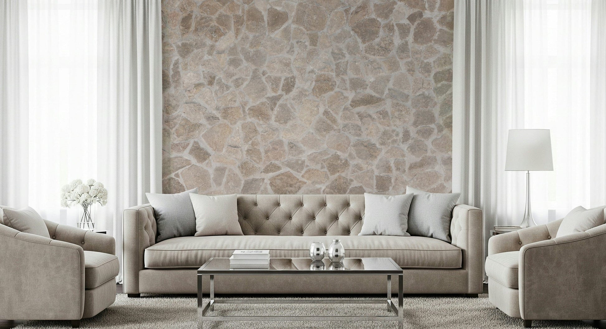 Stone mosaic wallpaper mural showcasing layered stone tiles in neutral and earthy colors.