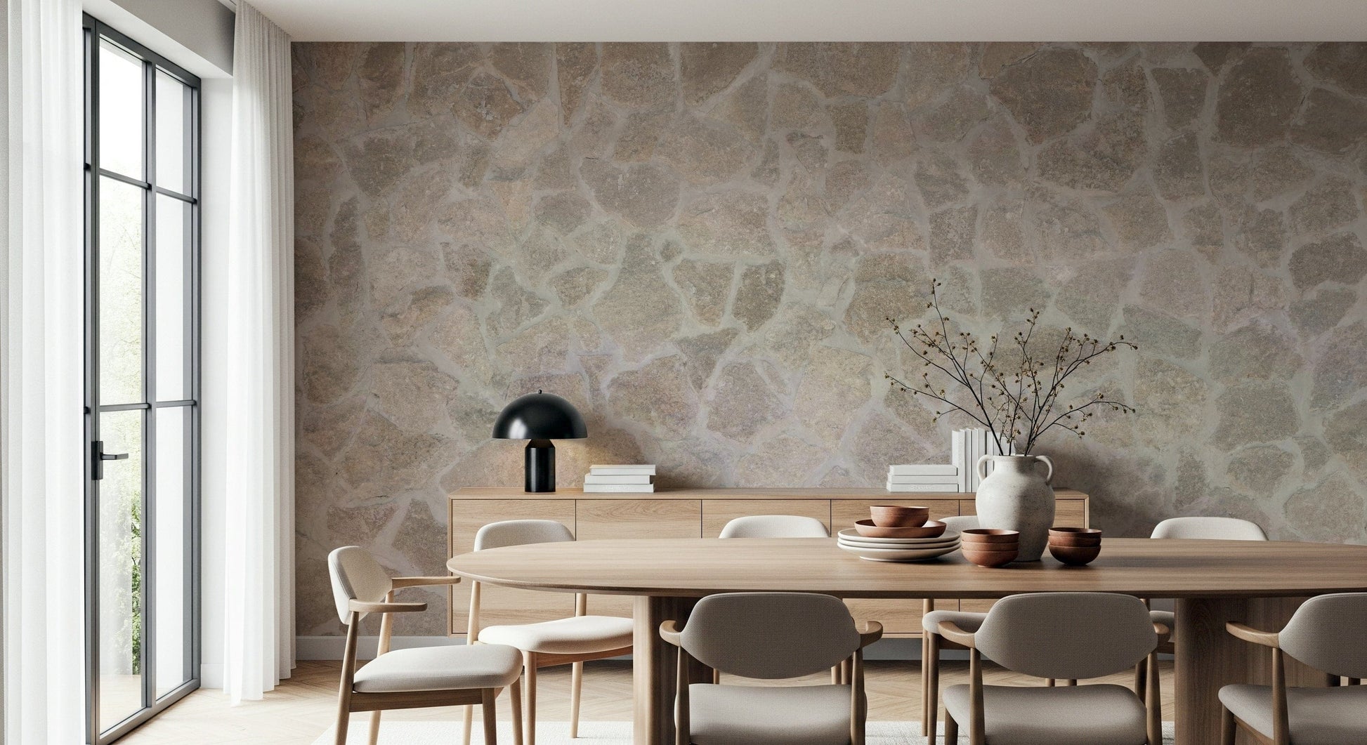 Textured wall mural with mosaic stone patterns creating a rustic and artistic accent wall.