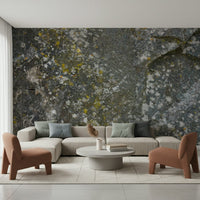 Decorative mural featuring layered stone textures in soft neutral hues.