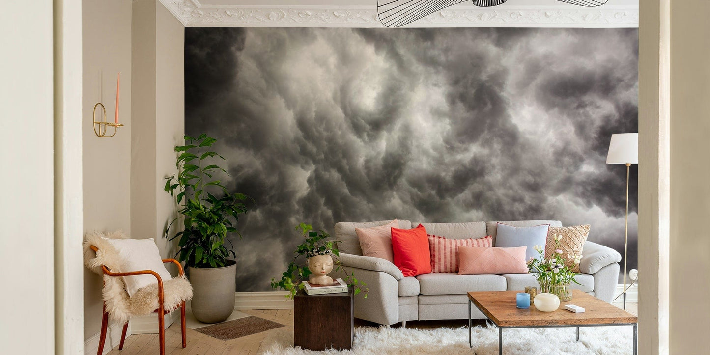A peaceful dark sky mural on decorative wallpaper.

