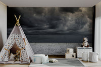 A peaceful seaside view mural on decorative wallpaper.

