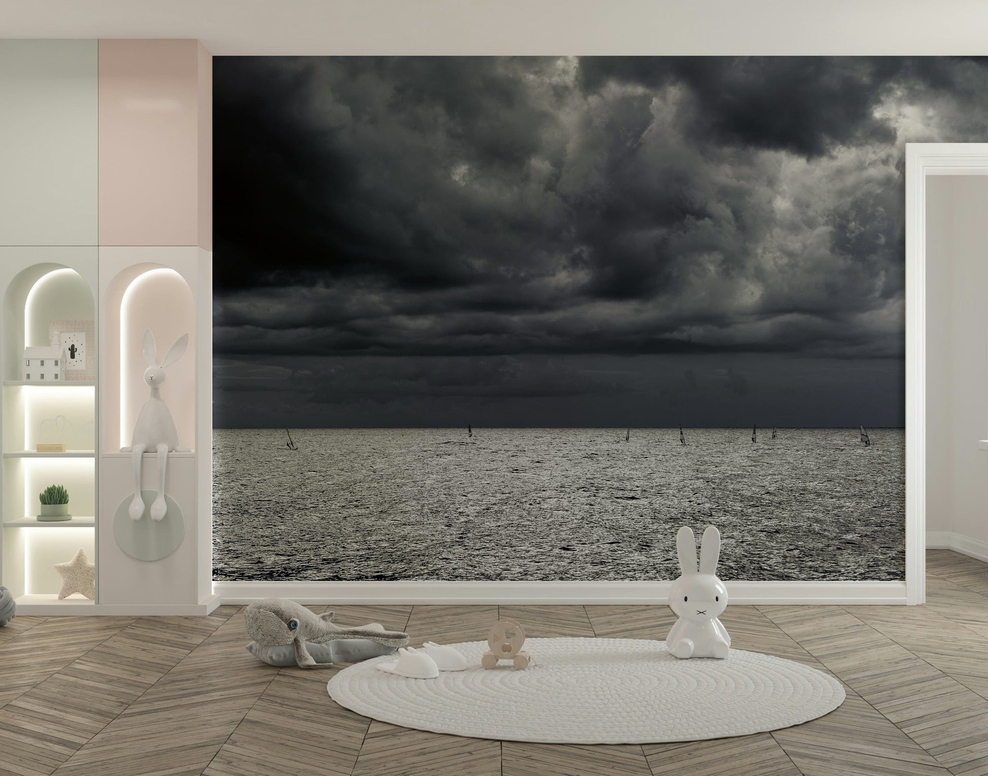 An artistic seaside view mural on minimalist wallpaper.

