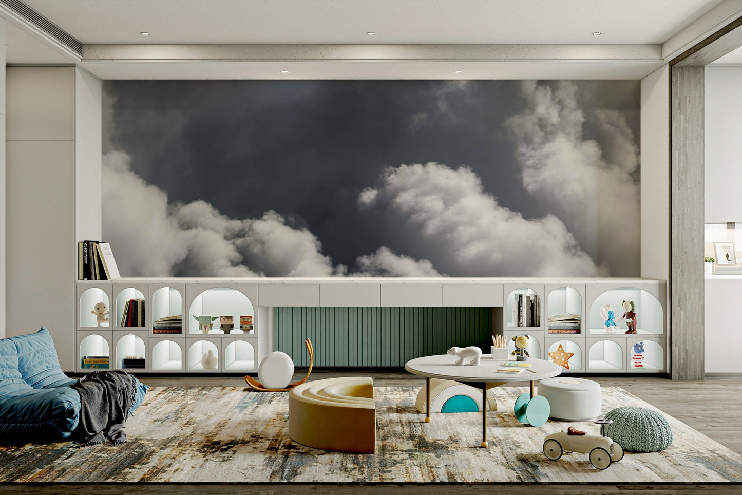 A high-angle view of the wall mural in a large space.