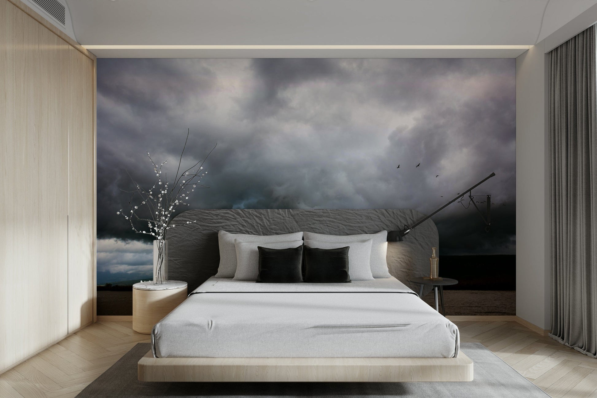 A peaceful rural theme mural on decorative wallpaper.

