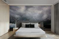 A peaceful rural theme mural on decorative wallpaper.

