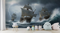 The design features a fleet of ships on a stormy ocean.

