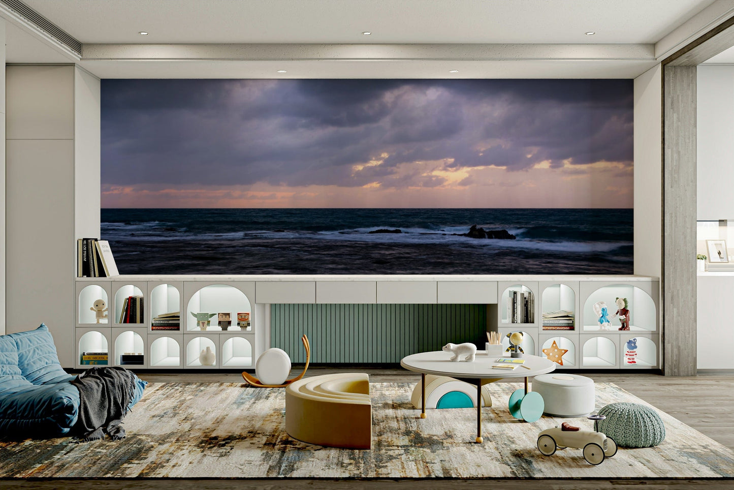 A peaceful geometric design mural on decorative wallpaper.

