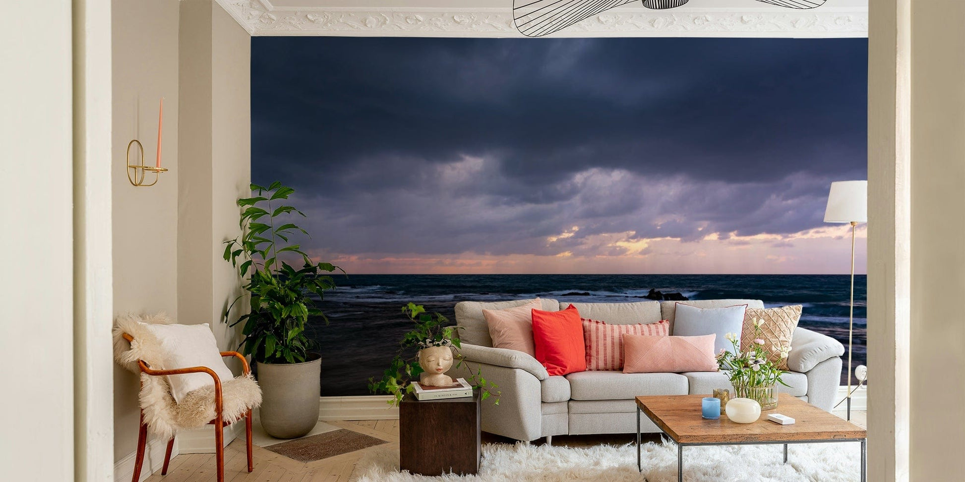 An artistic Yoreh pattern mural on minimalist wallpaper.

