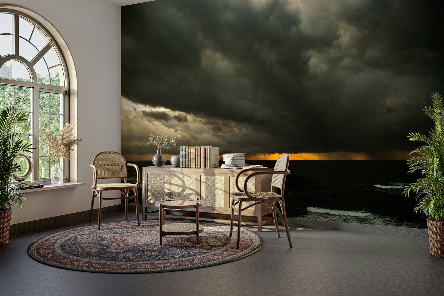 A high-angle view of the wall mural in a large space.

