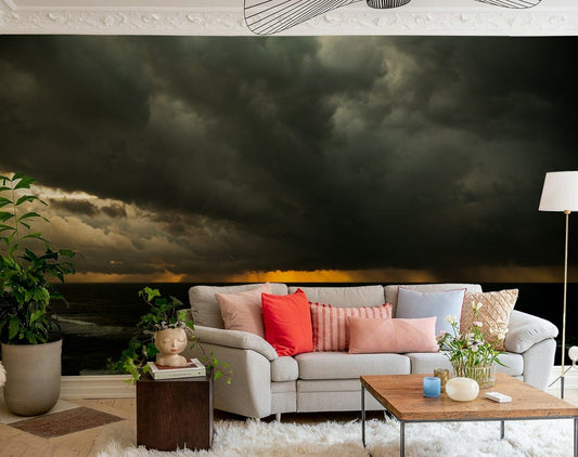 A bedroom with the artistic mural behind the headboard.

