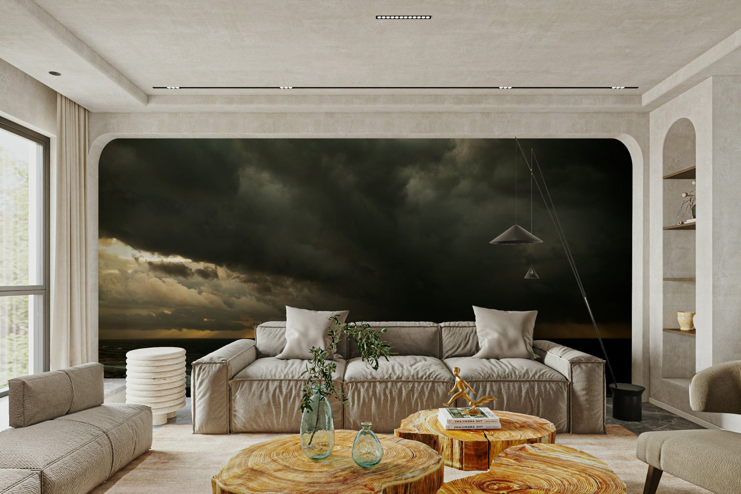 A beautiful, modern living room with an abstract light mural.

