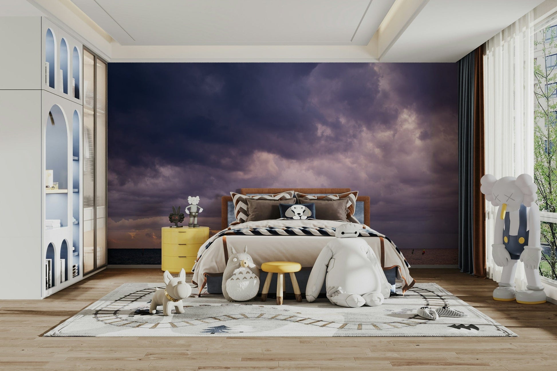 A peaceful seaside view mural on decorative wallpaper.

