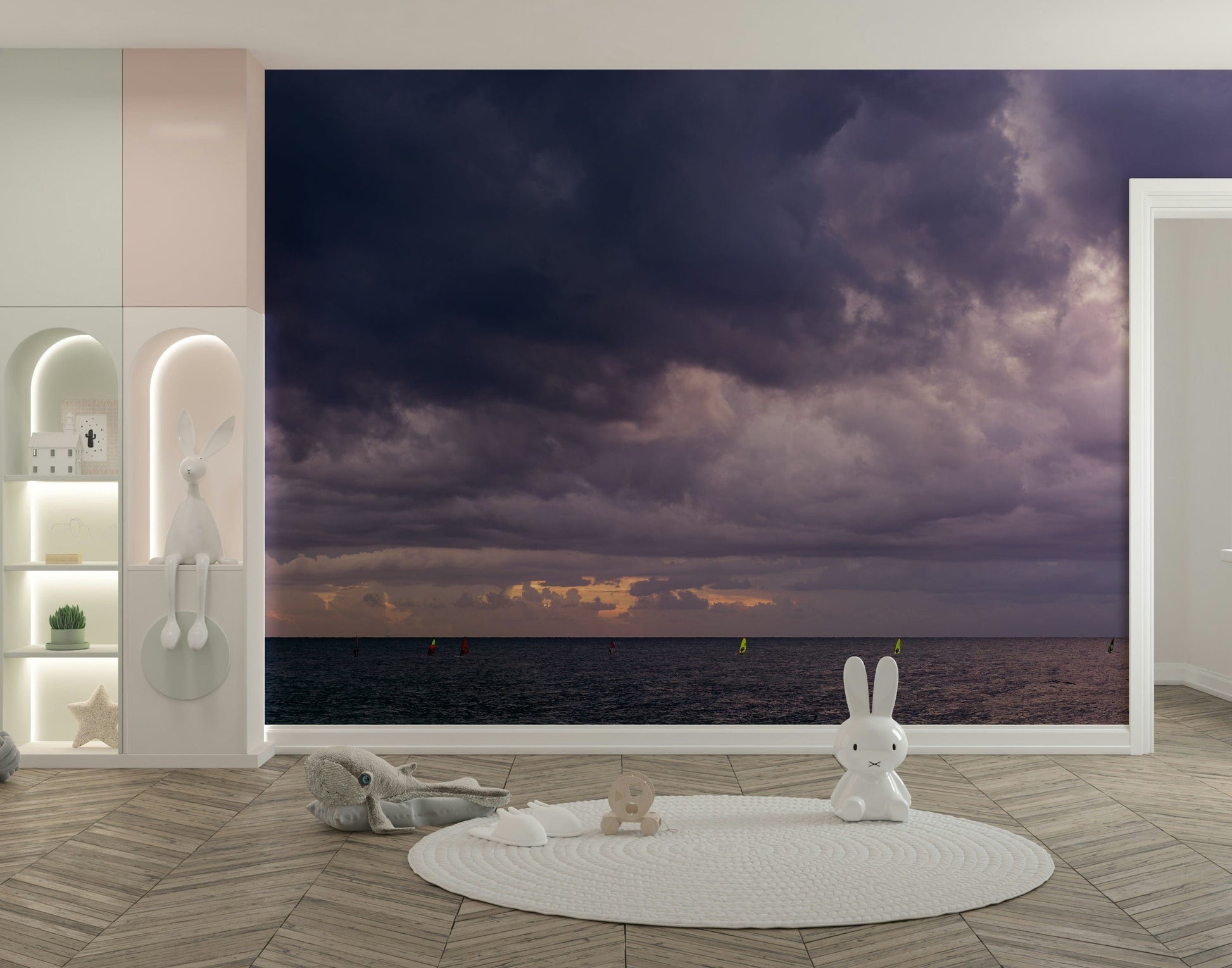 An artistic seaside view mural on minimalist wallpaper.

