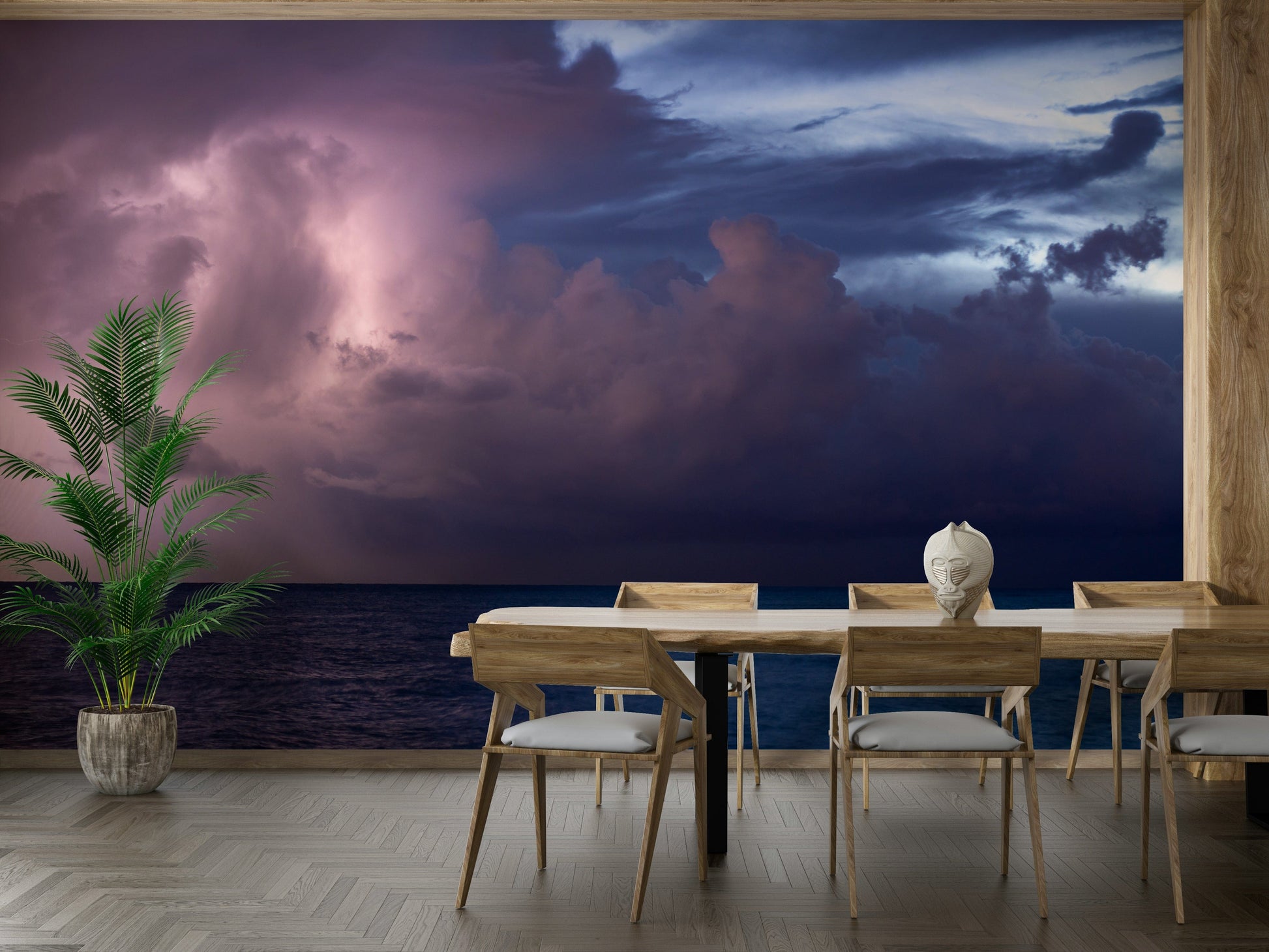 A peaceful seaside view mural on decorative wallpaper.

