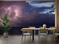A peaceful seaside view mural on decorative wallpaper.


