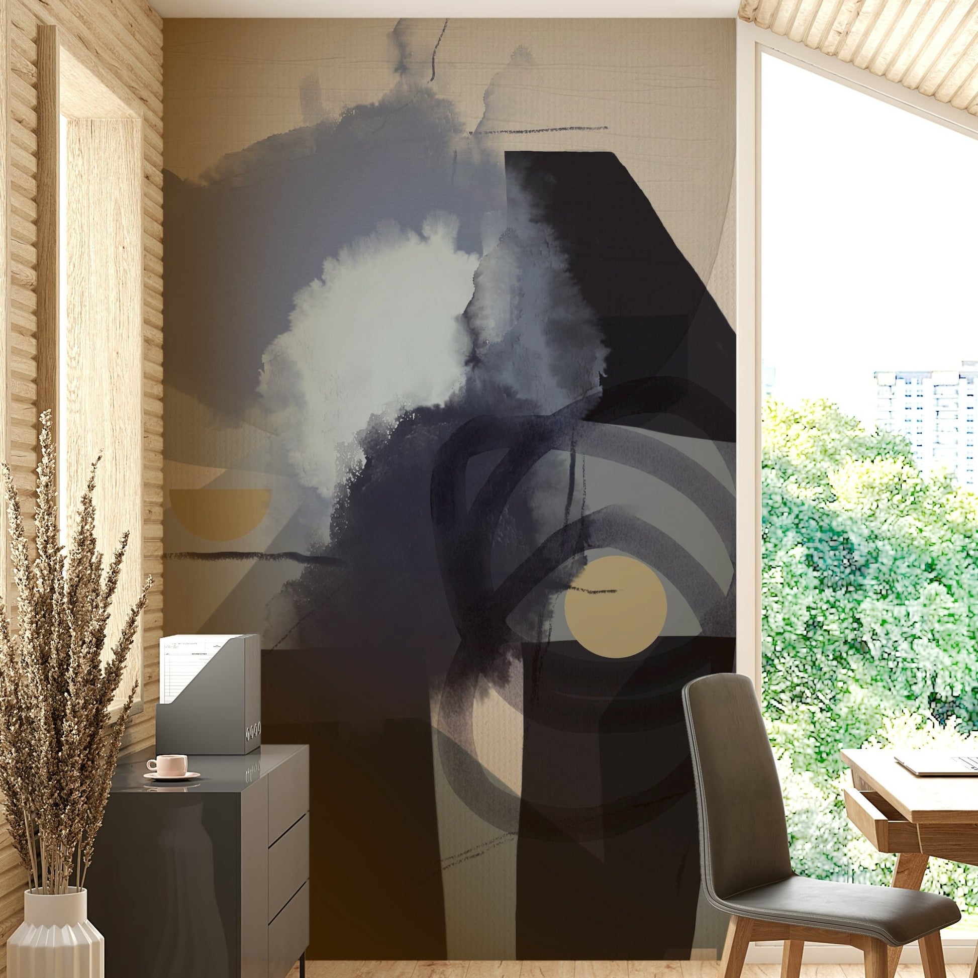 Painterly wall mural with flowing shapes

