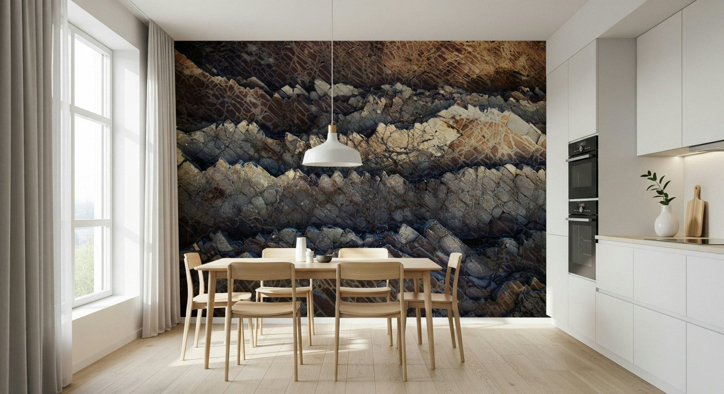 Wall mural showcasing layered stone formations with realistic texture for modern or farmhouse décor.
