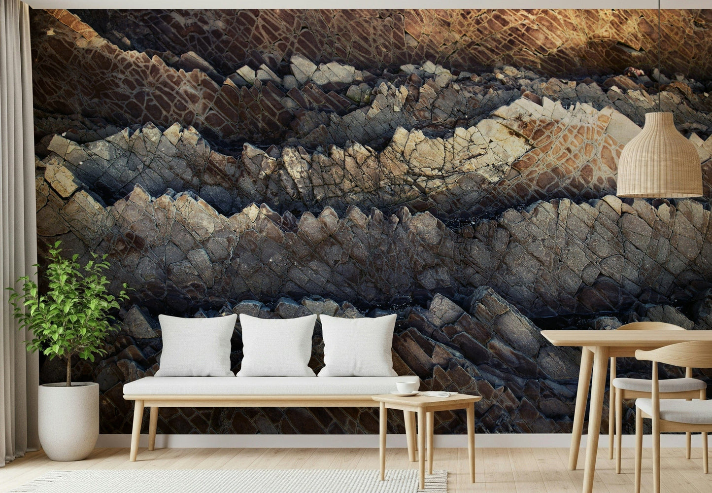 Stratified stone texture wallpaper mural adding natural elegance and rugged charm to any interior.