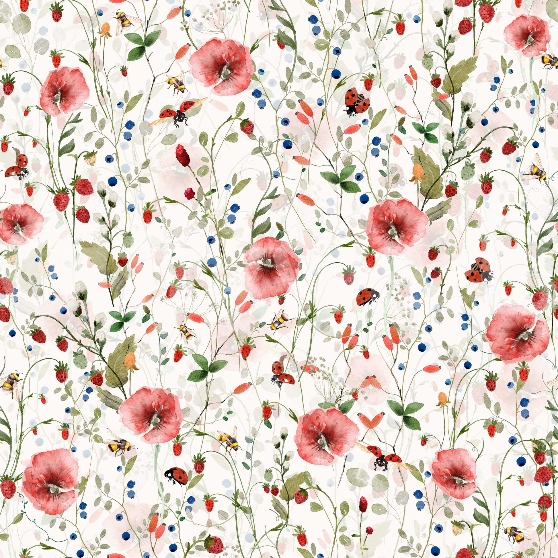 Lovely Watercolor Strawberry Flower Meadow rustic cottage styling.