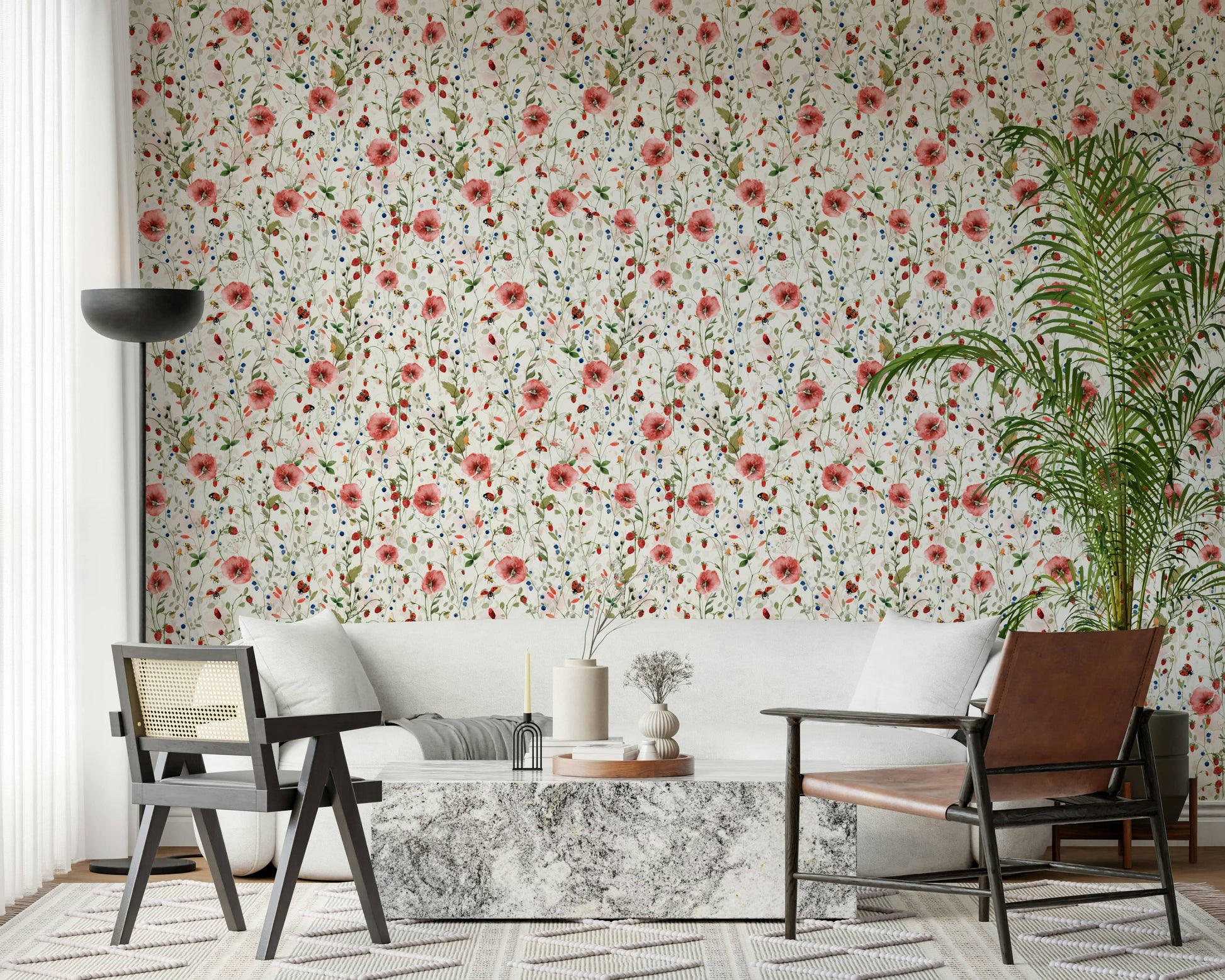 Colorful Watercolor Strawberry Flower Meadow removable wallcovering.
