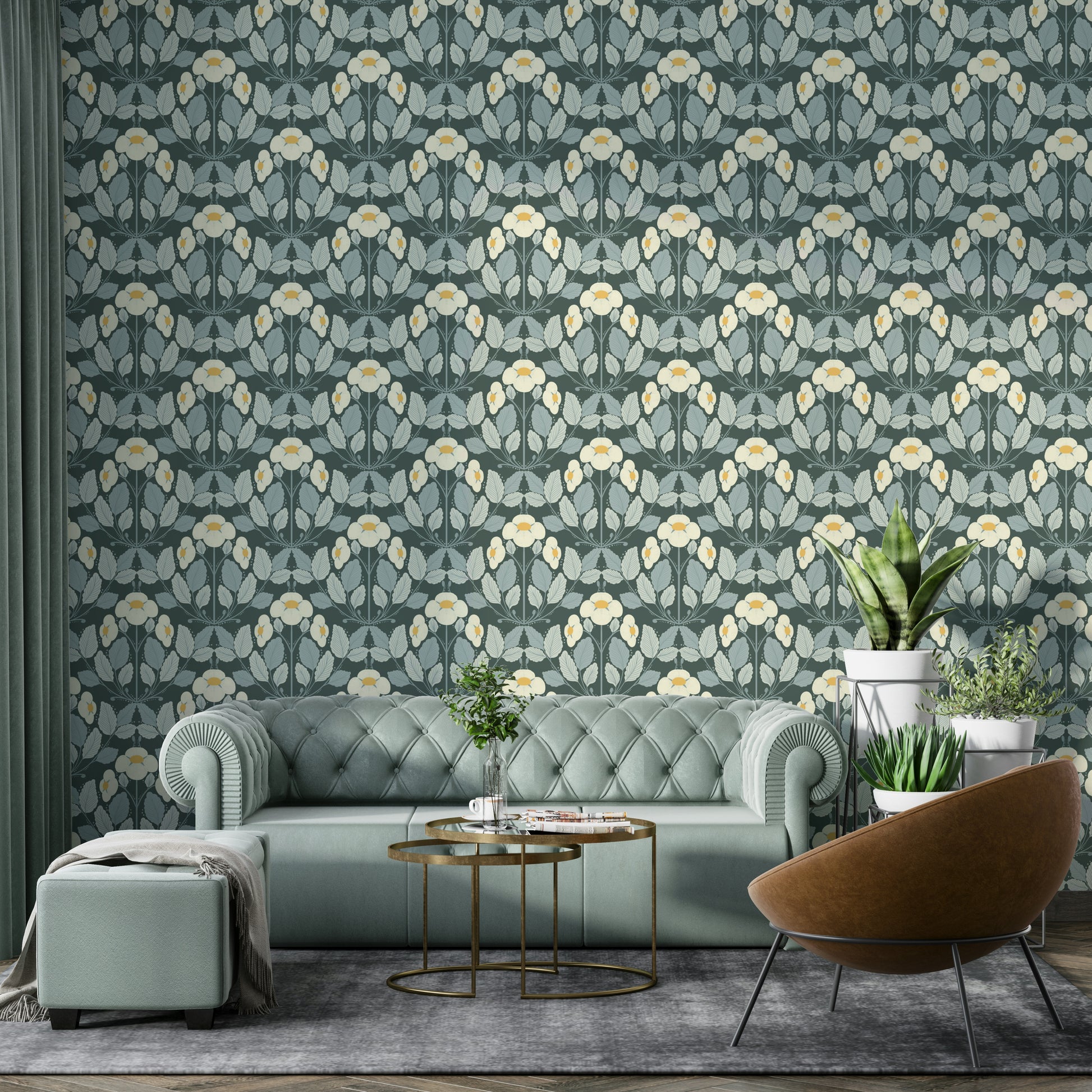 Storybook-style wallpaper with forest berries and foliage

