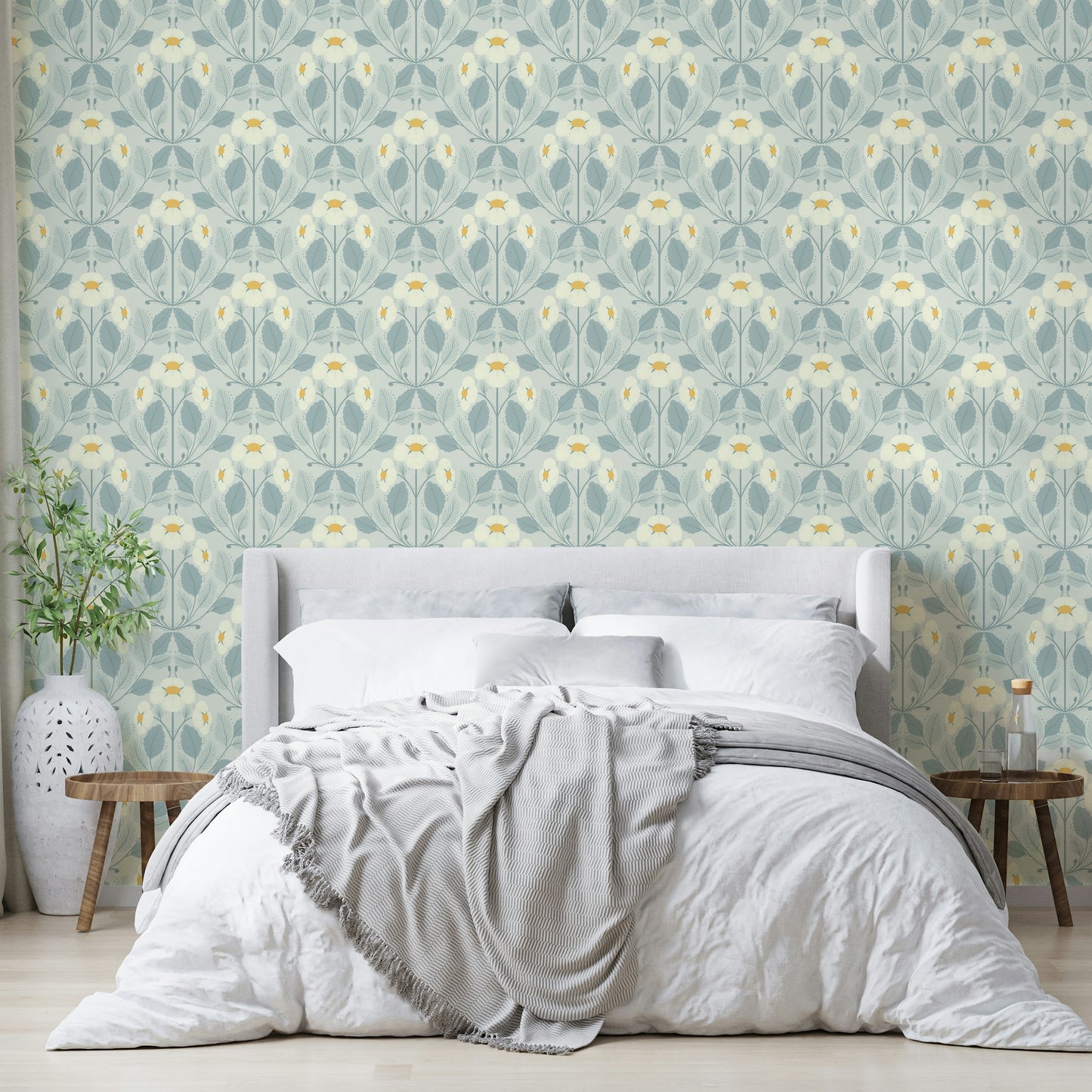 Nursery wallpaper with delicate misty green foliage

