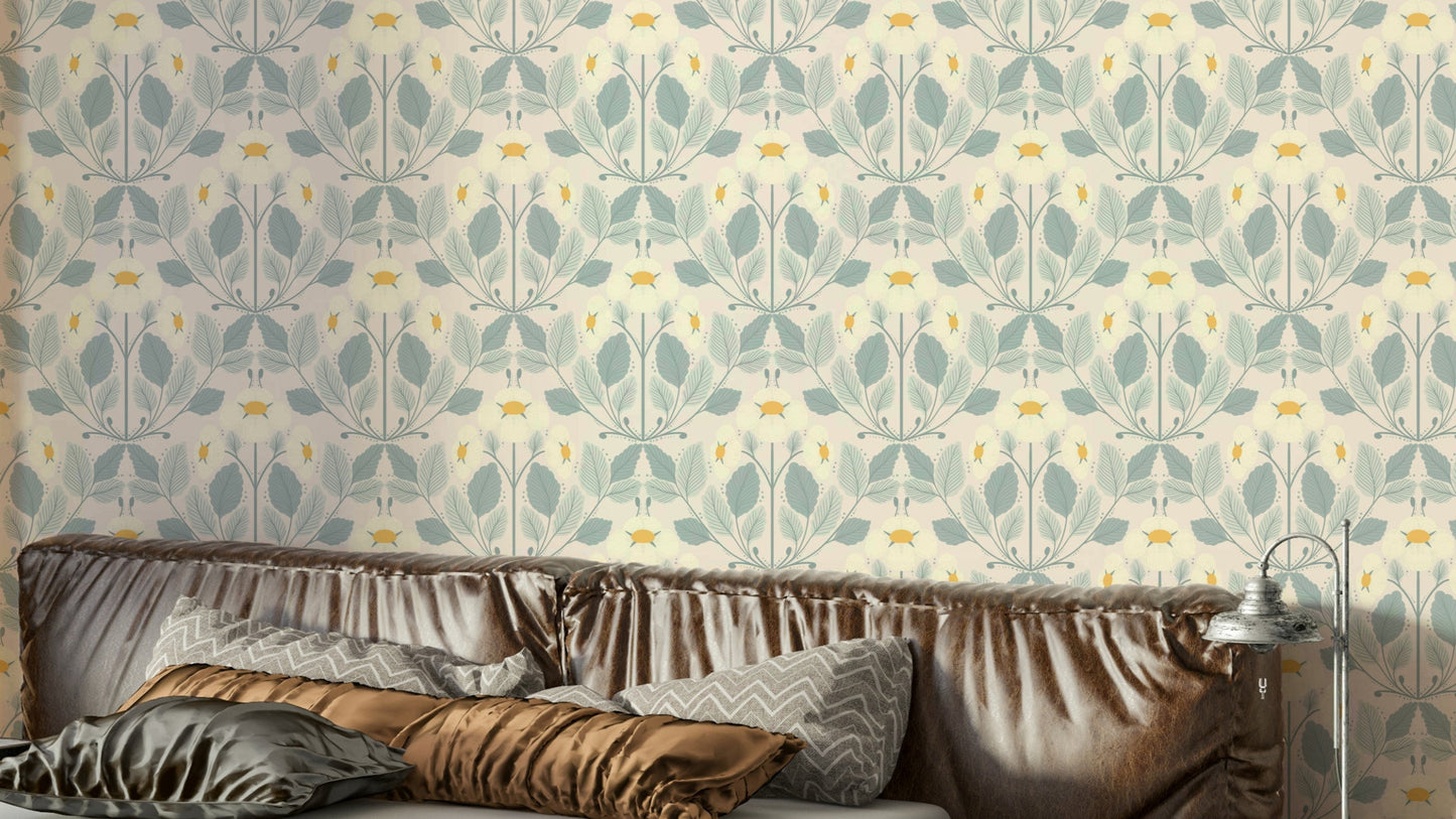 Strawberry folk wallpaper in blush and cream tones

