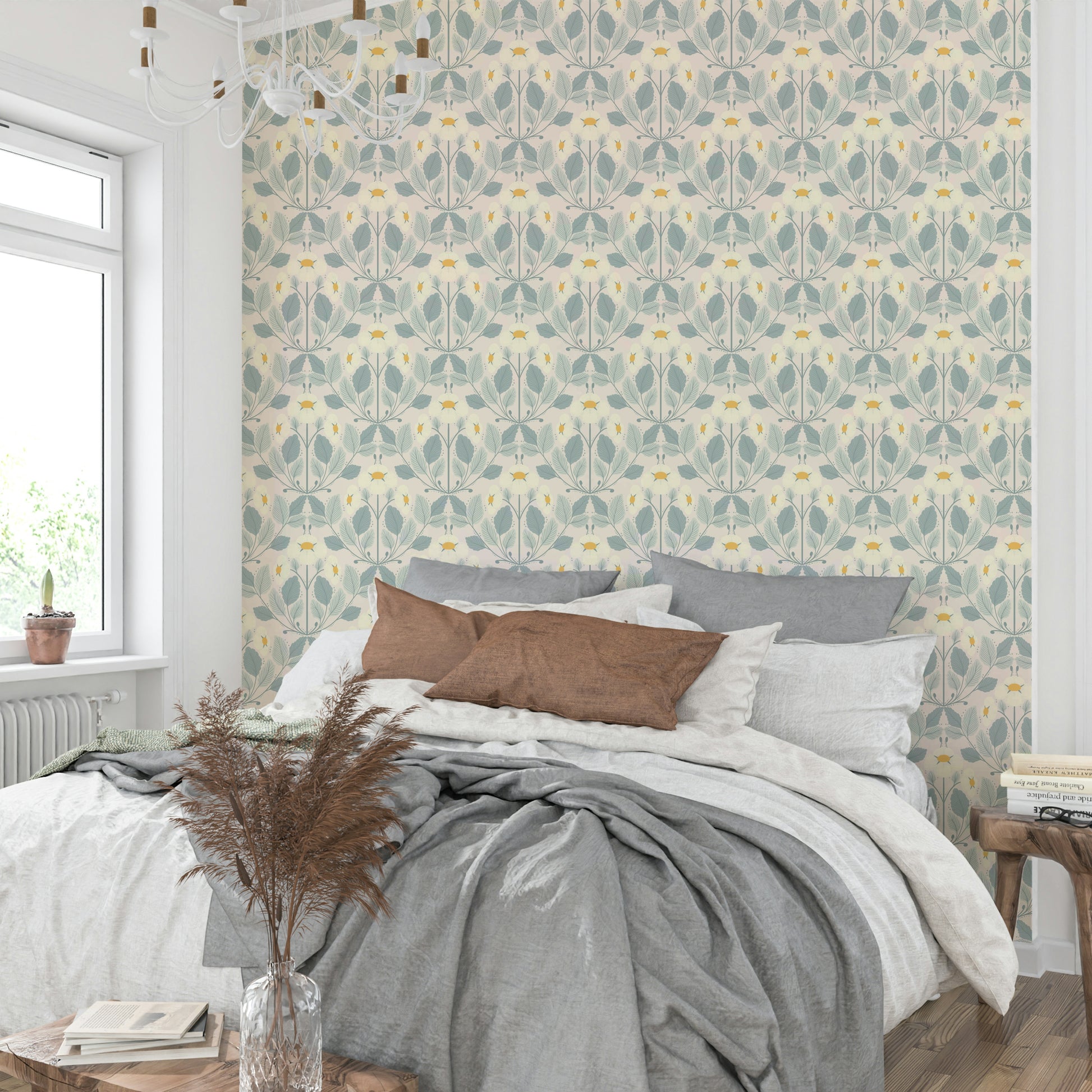 Peel and stick blush cream wallpaper with folk motifs

