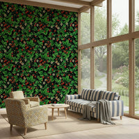 Decorative mural with blooming wild roses and butterflies in pale green and off-white backdrop.