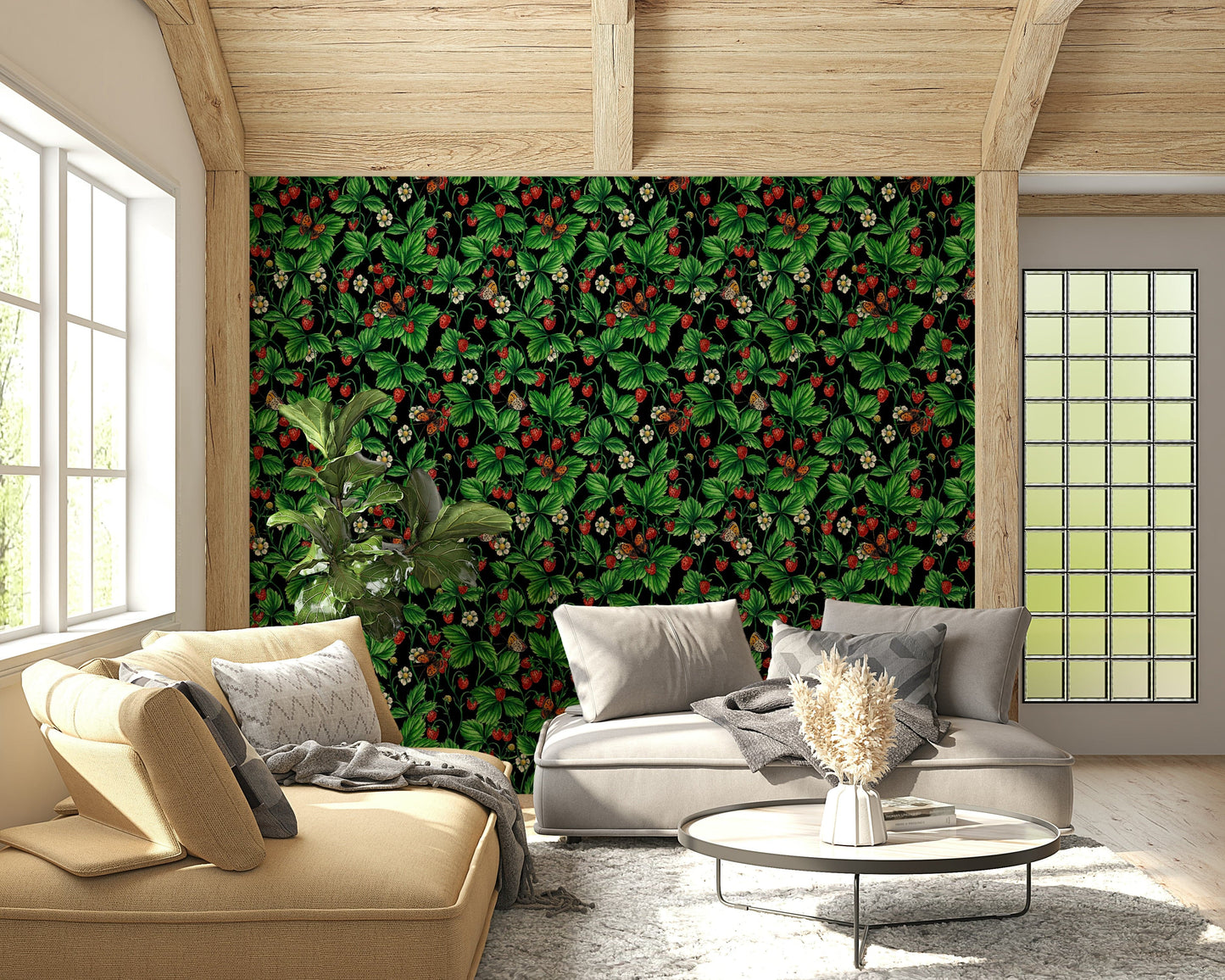 Whimsical garden-themed wallpaper with roses and butterflies in soft, soothing colors.