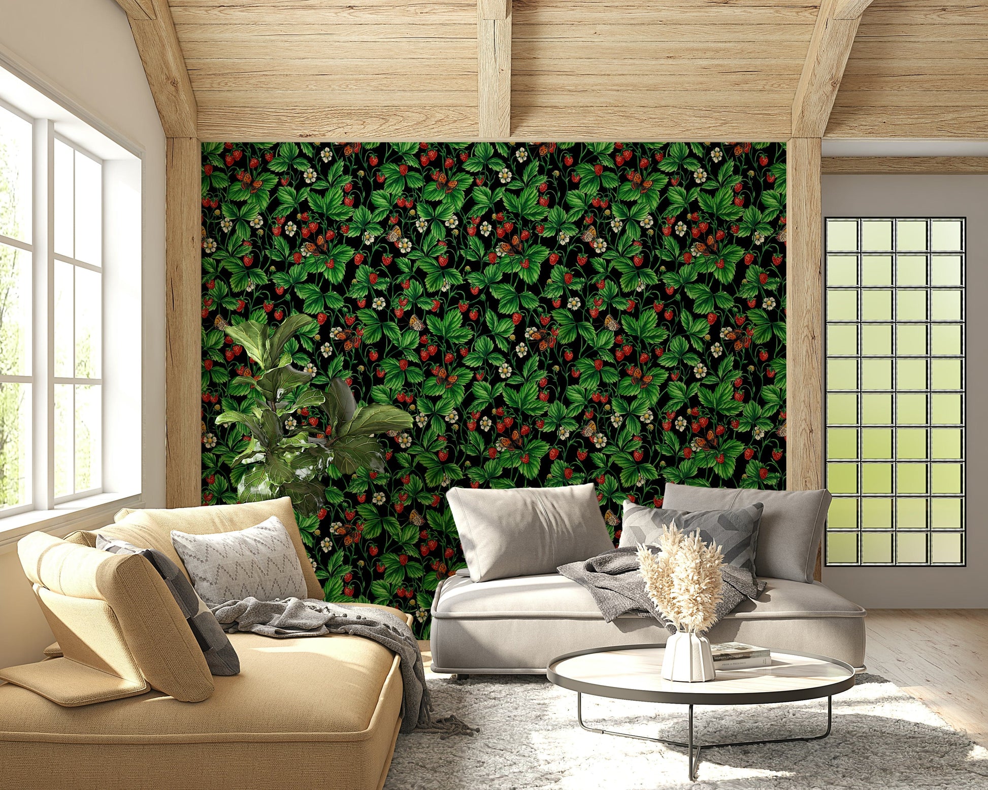 Whimsical garden-themed wallpaper with roses and butterflies in soft, soothing colors.