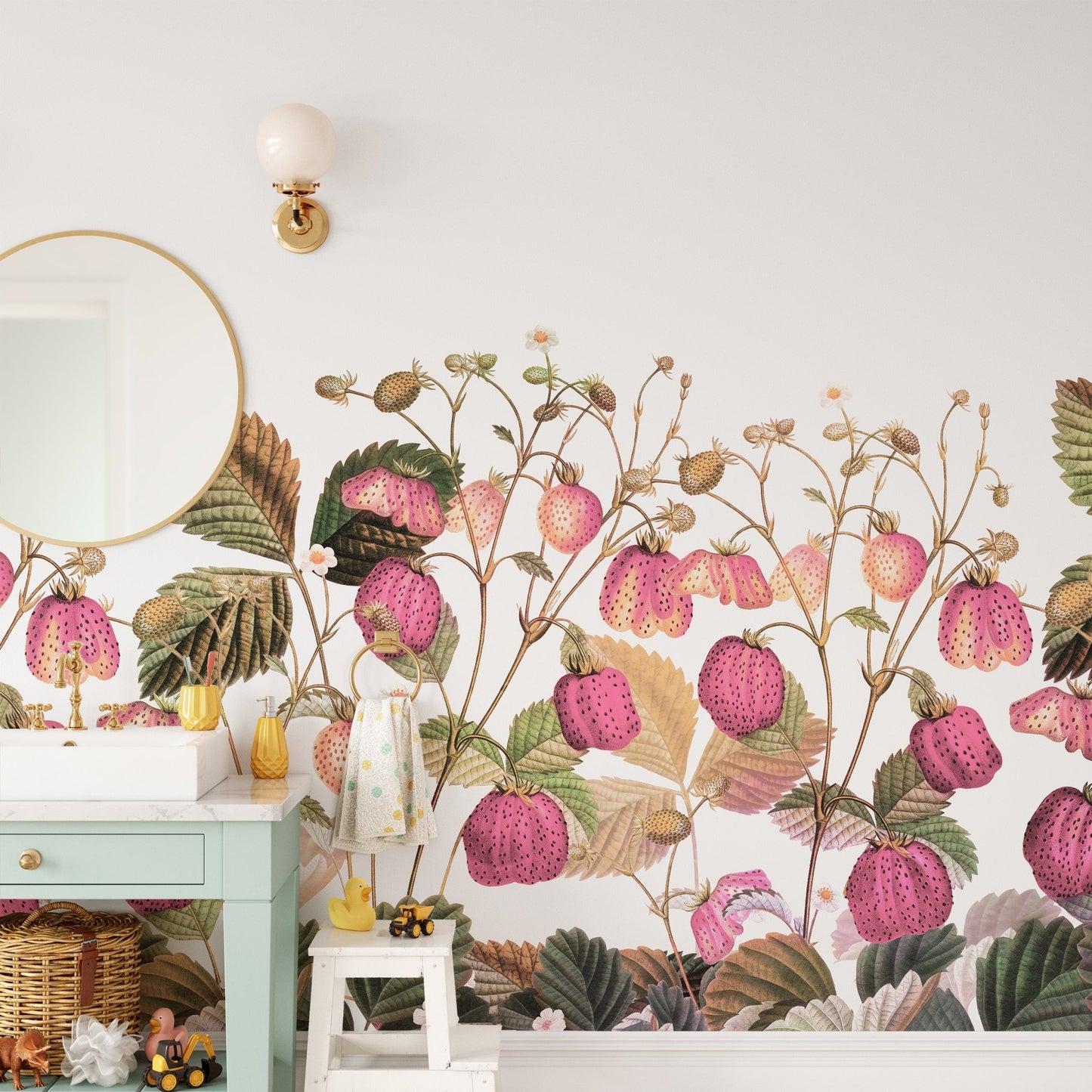 Strawberries nestled among green leaves.


