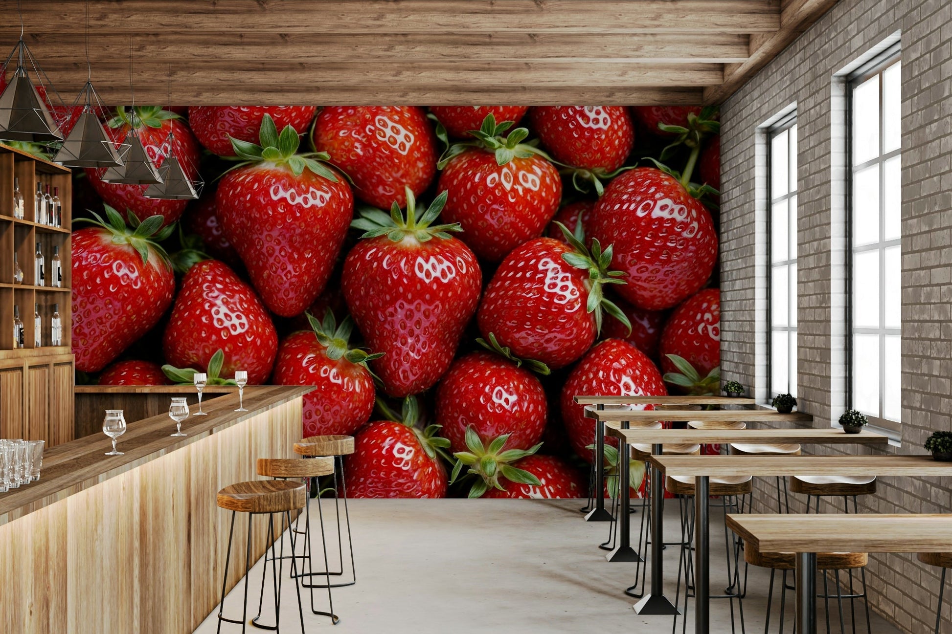 The design shows ripe red strawberries with green leaves and white flowers.
