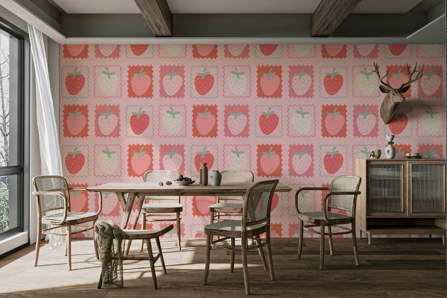 Red strawberry wallpaper with postage stamp motifs

