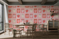 Red strawberry wallpaper with postage stamp motifs

