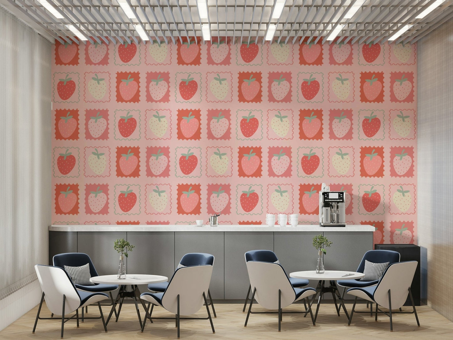 Playful retro fruit stamp wallpaper for cozy decor

