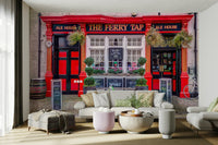 Vintage cafe mural wallpaper with welcoming pub storefront

