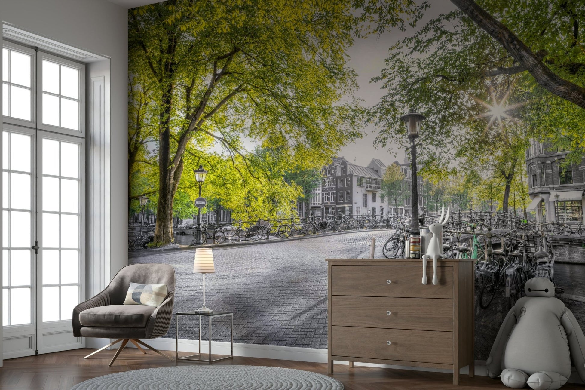 The background, including the buildings and street, is in grayscale.

