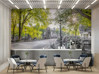 The trees in the image have a vibrant, selective green color, creating a striking contrast.

